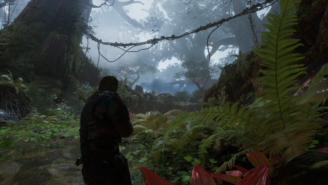 Outriders DLSS comparison images in alien forest
