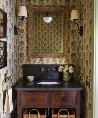 Bathroom with block printed wallpaper