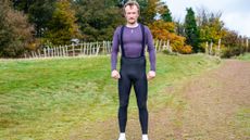 A man wearing a pair of Van Rysel RCR bib tights 