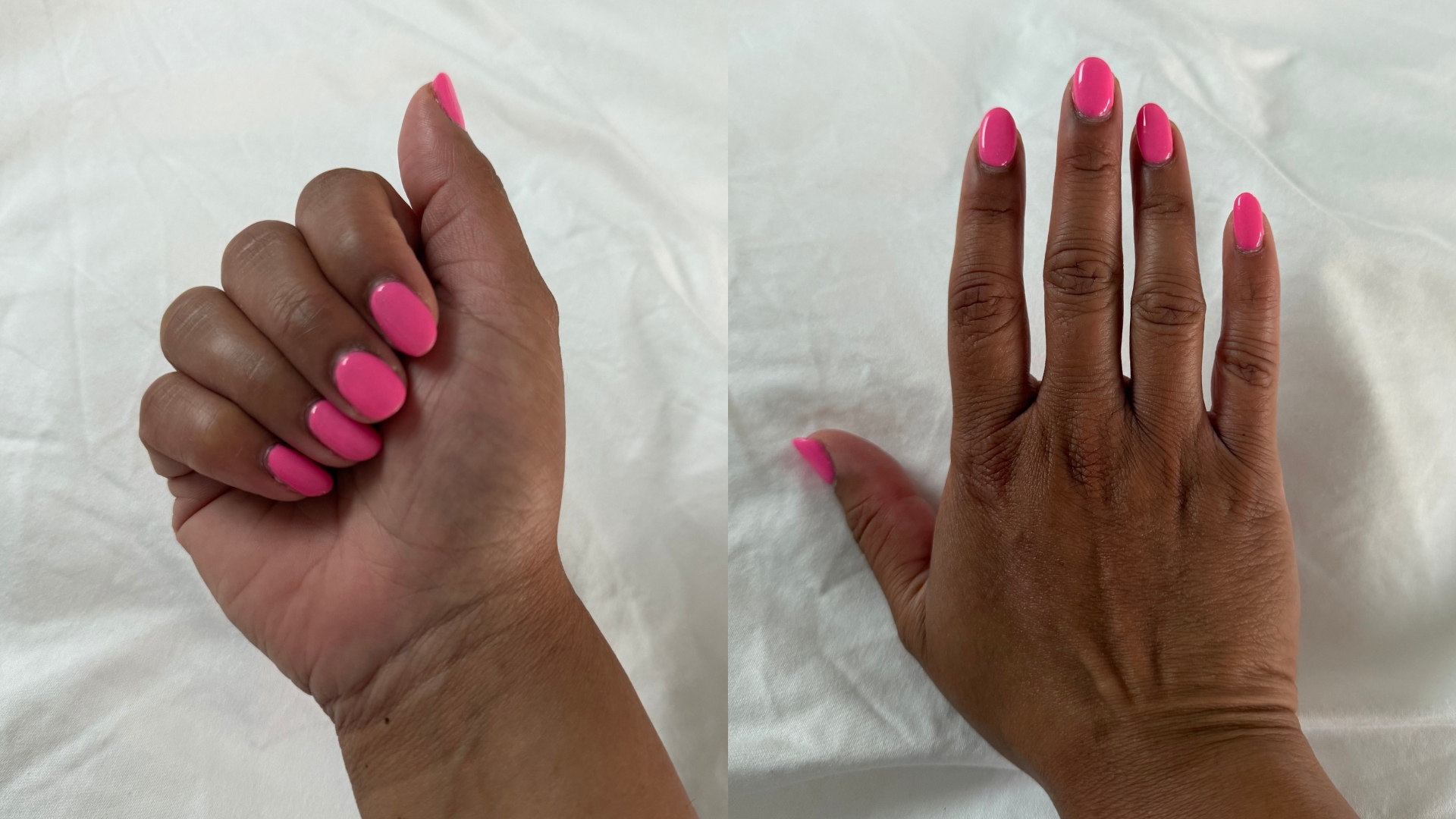 Two pictures of Digital Beauty Shopping Editor, Aleesha Badkar's bright pink almond nails, pictured above a white bedsheet background