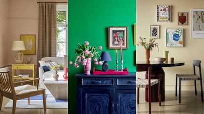 Three pictures, pink living room, green entryway with console table, and cream dining room