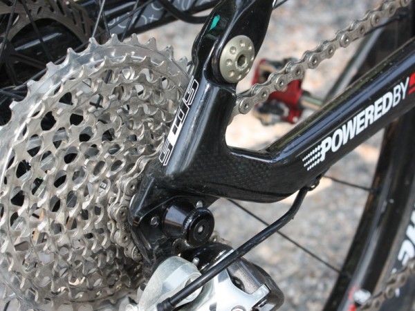 Carbon is also used for the driveside dropout but a replaceable derailleur hanger provides a bit of insurance.