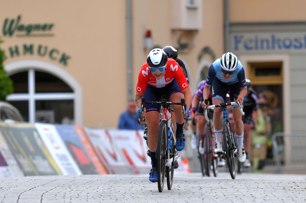 SCHMOLLN GERMANY MAY 25 Emma Norsgaard Jorgensen of Denmark and Movistar Team Lotte Kopecky of Belgium and Team Belgium Lucinda Brand of Netherlands and Trek Segafredo sprint at arrival during the 34th Internationale LOTTO Thringen Ladies Tour 2021 Stage 1 a 899km stage from Schmolln to Schmolln ltlt2021 lottothueringenladiestour womencycling on May 25 2021 in Schmolln Germany Photo by Luc ClaessenGetty Images
