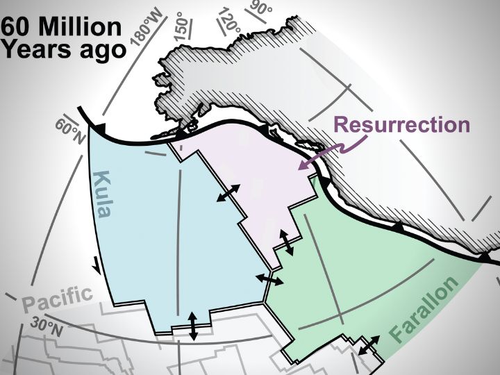 This image shows plate tectonic reconstruction of western North America 60 million years ago showing subduction of three key tectonic plates, Kula, Farallon and Resurrection.