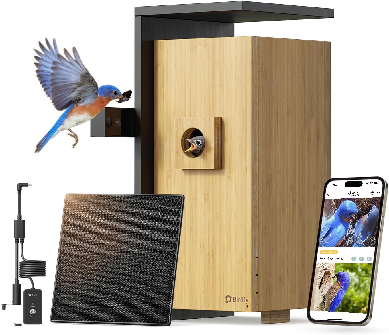 A press shot of the Birdfy Nest Duo bird box camera on a white background