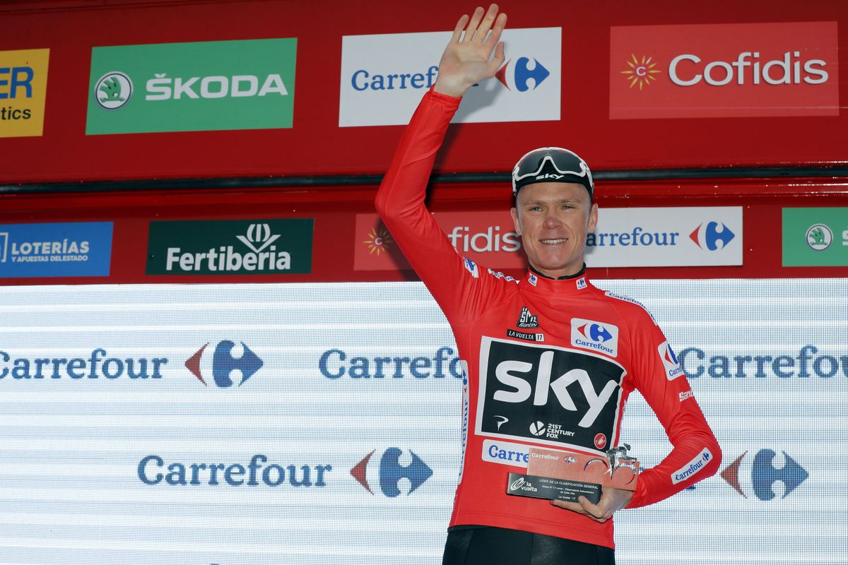Chris Froome in the race leader's jersey at the Vuelta a Espa&ntilde;a