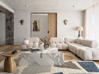Modern living room with curved couches