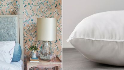 A split hero image with a pink bedroom with blue floral wallpaper, large four-poster bed with blue headboard and white bedding on the left, and a close-up of a white IKEA pillow against a white wall on wooden flooring on the right