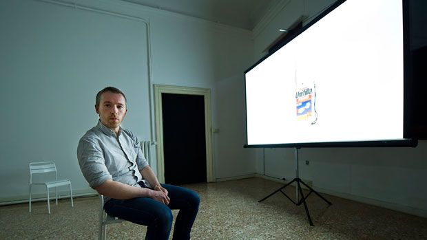 Duncan Campbell with his installation at the Venice Biennale