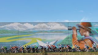 Picture by Alex Whitehead/SWpix.com - 06/10/2024 - Cycling - 2024 UCI Gravel World Championships, Halle-Leuven, Belgium - Men Elite Race - The Bunch passes a Mural â€œThe Enchanted Forestâ€