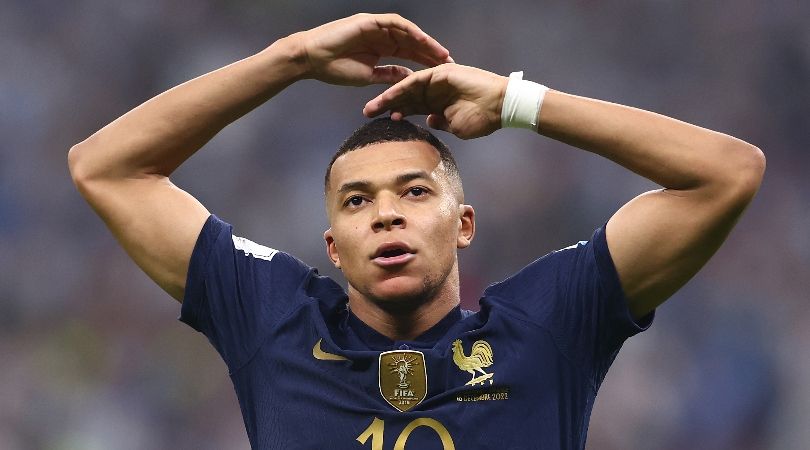 Kylian Mbappe gestures after scoring for France against Argentina in the 2022 World Cup final.