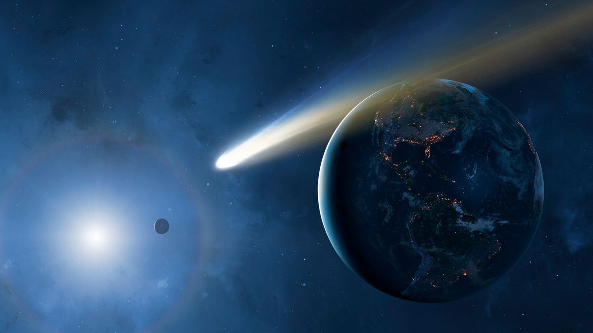 Illustration showing a comet passing by earth