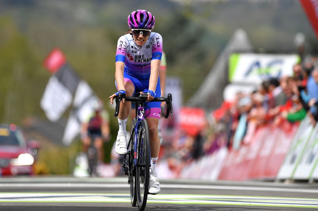 HUY BELGIUM APRIL 20 Ane Santesteban Gonzalez of Spain and Team BikeExchange Jayco reacts after cross the finishing line during the 25th La Flche Wallonne 2022 Womens Elite a 1334km one day race from Huy to Mur de Huy FlecheWallonne FWwomen on April 20 2022 in Huy Belgium Photo by Luc ClaessenGetty Images
