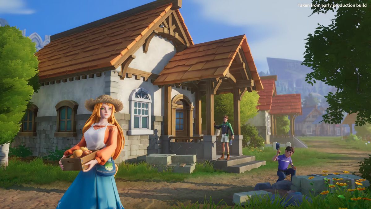 My Time At Evershine - character stand around a cottage in a grassy village