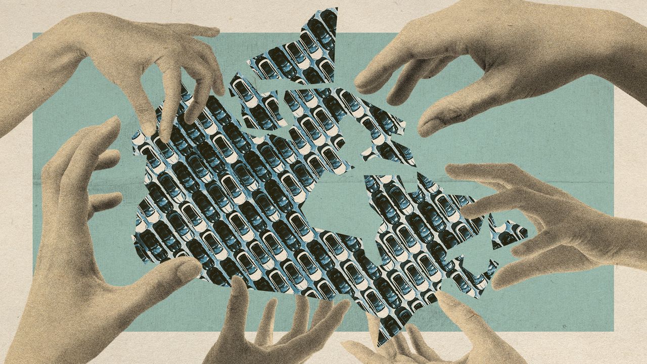 Photo collage of many disembodied hands reaching into a blocky shape of Canada, with a drone shot of a car lot overlaid on top of the country&#039;s shape.