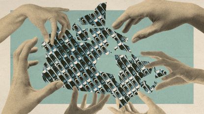 Photo collage of many disembodied hands reaching into a blocky shape of Canada, with a drone shot of a car lot overlaid on top of the country's shape.