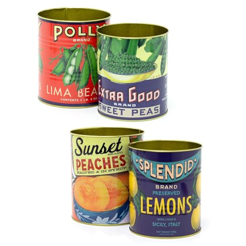 Carousel Home Set of 4 Retro Style Vintage Fruit &amp;amp; Peas Storage Tins | 4 Piece Replica Food Tins Decorative Tinned Cans | Metal Storage Tins