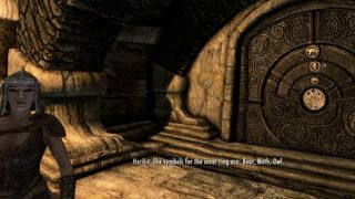 Skyrim character in front of dial puzzle