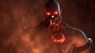 A cyborg from Helldivers 2 stands ominously, surrounded by mist and vapor.