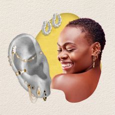 Image of styled ear piercings, silver hoops and a woman with many earrings