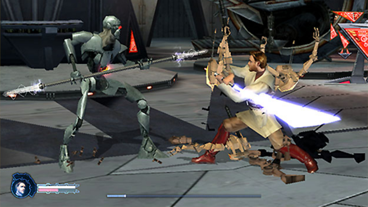 Captura de tela de The Star Wars: Episódio III-Revenge of the Sith Tie-in Video Game de 2005. Ele mostra Obi-Wan Kenobi em um duelo de sabre de luz com um robô usando um elcetostaff duplo.