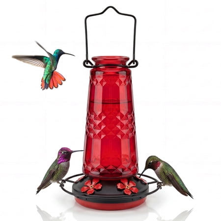 Kingsyard 18.6 Oz Red Glass Hummingbird Feeder, 5 Red Ports, Ant Moat Included