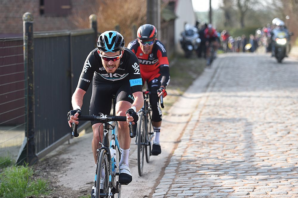 Luke Rowe (Sky) and Greg Van Avermaet (BMC) at Omloop Het Nieuwsblad