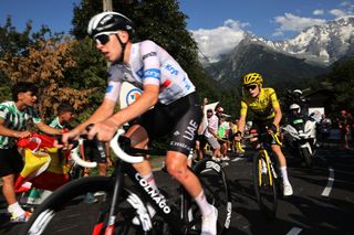 SAINTGERVAIS MONTBLANC FRANCE JULY 16 LR Tadej Pogacar of Slovenia and UAE Team Emirates White Best Young Rider Jersey and Jonas Vingegaard of Denmark and Team JumboVisma Yellow Leader Jersey compete during the stage fifteen of the 110th Tour de France 2023 a 179km stage from Les Gets les Portes du Soleil to SaintGervais MontBlanc 1379m UCIWT on July 16 2023 in SaintGervais MontBlanc France Photo by Michael SteeleGetty Images