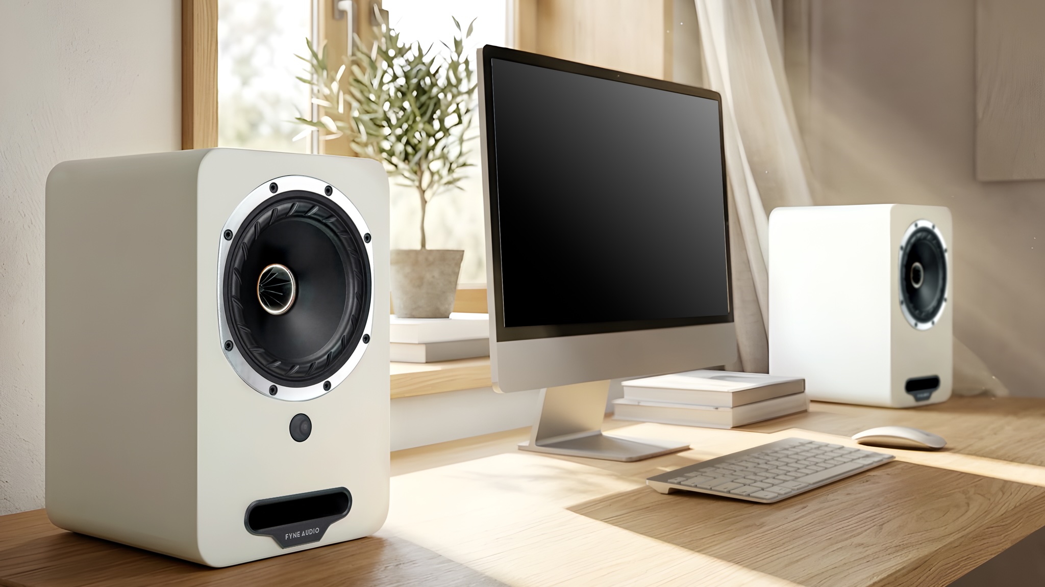 A pair of Fyne Audio Cubit 5 speakers in white on either side of an Apple iMac. They are all on a light wooden desk in front of a window on a bright day