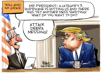 Political Cartoon U.S. Trump Briefing Mass Shooting Hurricane Dorian Debra Messing