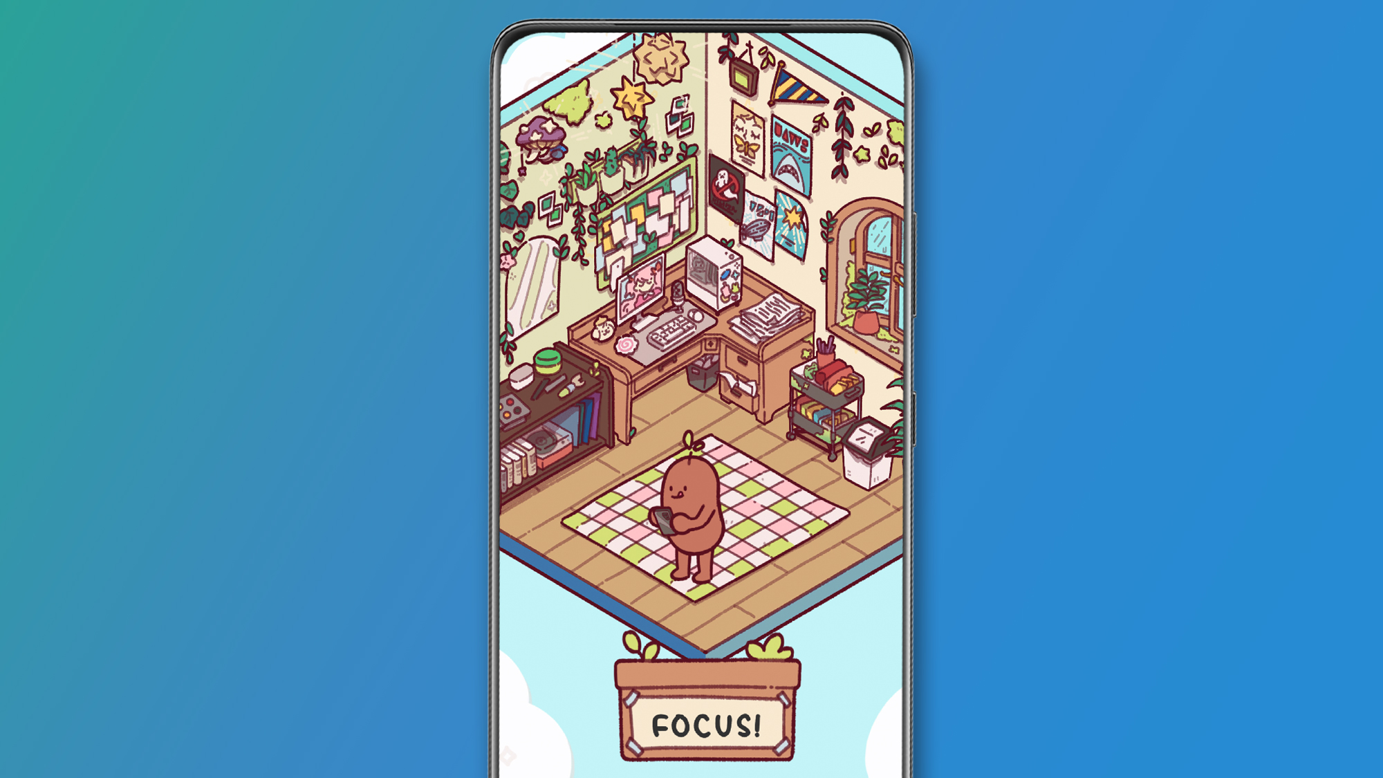 An Android phone on a green and blue background showing the Focus Friend app