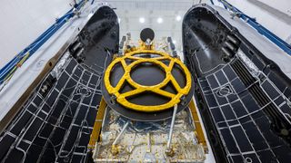SES' Astra 1P satellite is seen before encapsulation inside the payload fairing of its SpaceX Falcon 9 rocket. The satellite was launched on June 20, 2024.