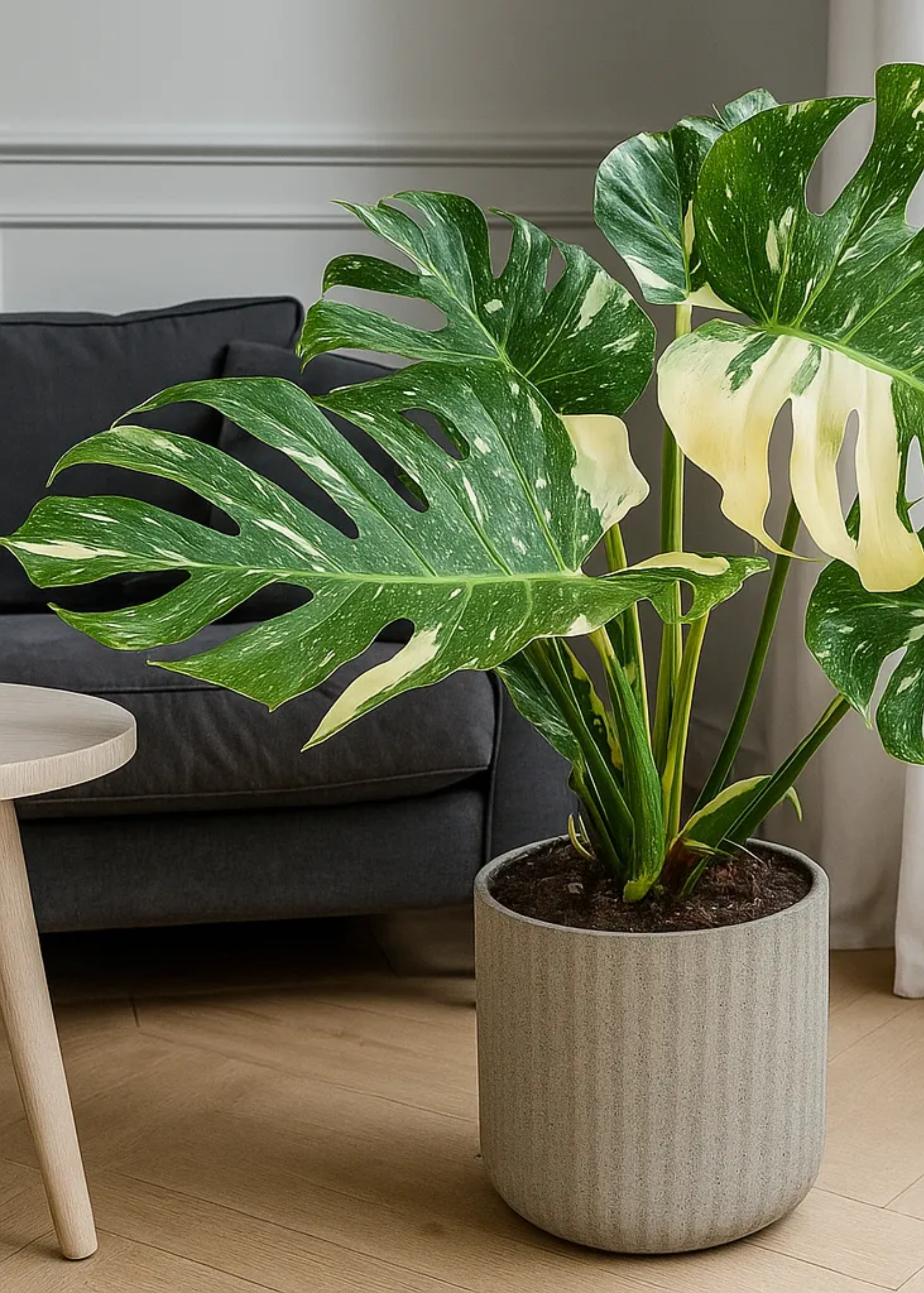 A potted monstera in a gray ribbed planter