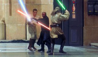 Qui-Gon and Obi-Wan duel Darth Maul
