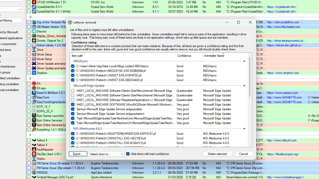 A window in BCUninstaller allowing the user to clean up leftover files.