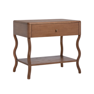 wooden nightstand with wavy legs and a singular drawer