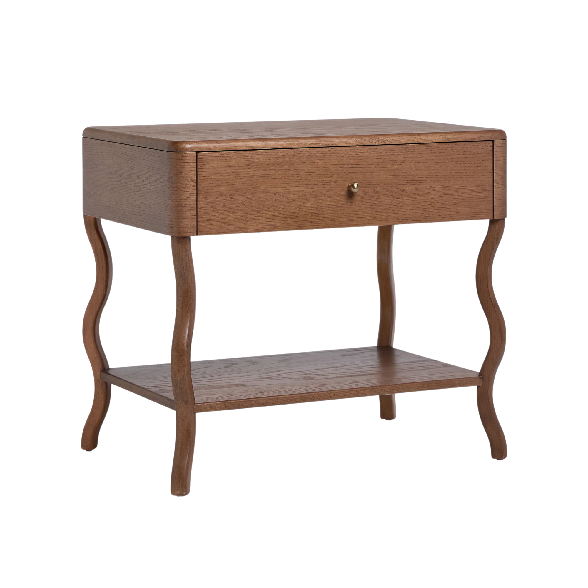 wooden nightstand with wavy legs and a singular drawer