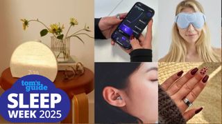 The image shows a montage of different sleep tech products, including a Hatch Restore sunrise alarm clock, Oura Ring, Rise Sleep App, Mixx earplugs and SOMO eye mask