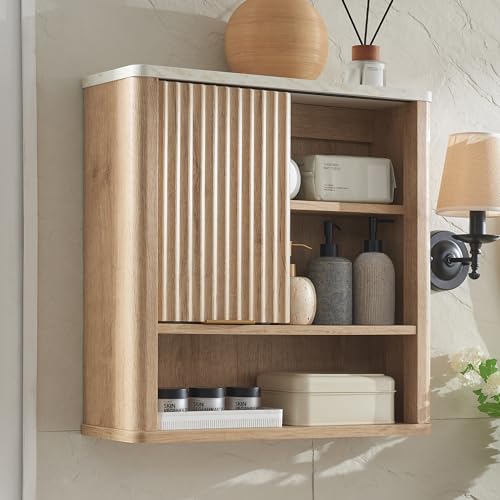Redlemon Bathroom Wall Cabinet W/fluted Sliding Door, Modern Medicine Cabinet W/faux Marble Top & Adjustable Shelf, Curved Profile Wall Mounted Storage Organizer, Natural Oak Color