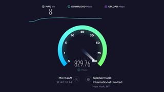 VPN performance benchmark showing 829.76 mbps download speeds