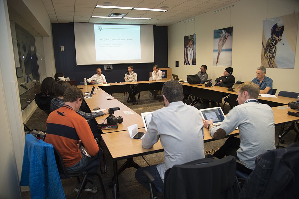 Media meet with USA Cycling's Derek Bouchard Hall, Scott Schnatzspahn and Jim Miller.