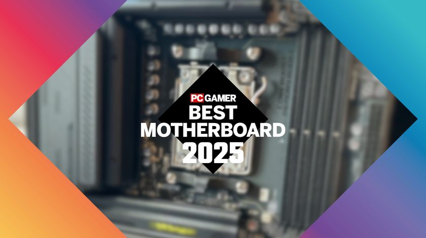 A image with the central text of 'Best Motherboard 2025' and a PC Gamer logo, with a multi-coloured background, showing an out-of-focus motherboard through a diamond-shaped cut-out in the background.