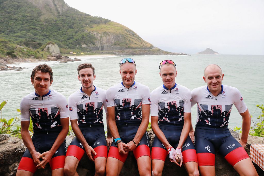 The men's Team GB squad for the road race squeeze in a photo during their training ride
