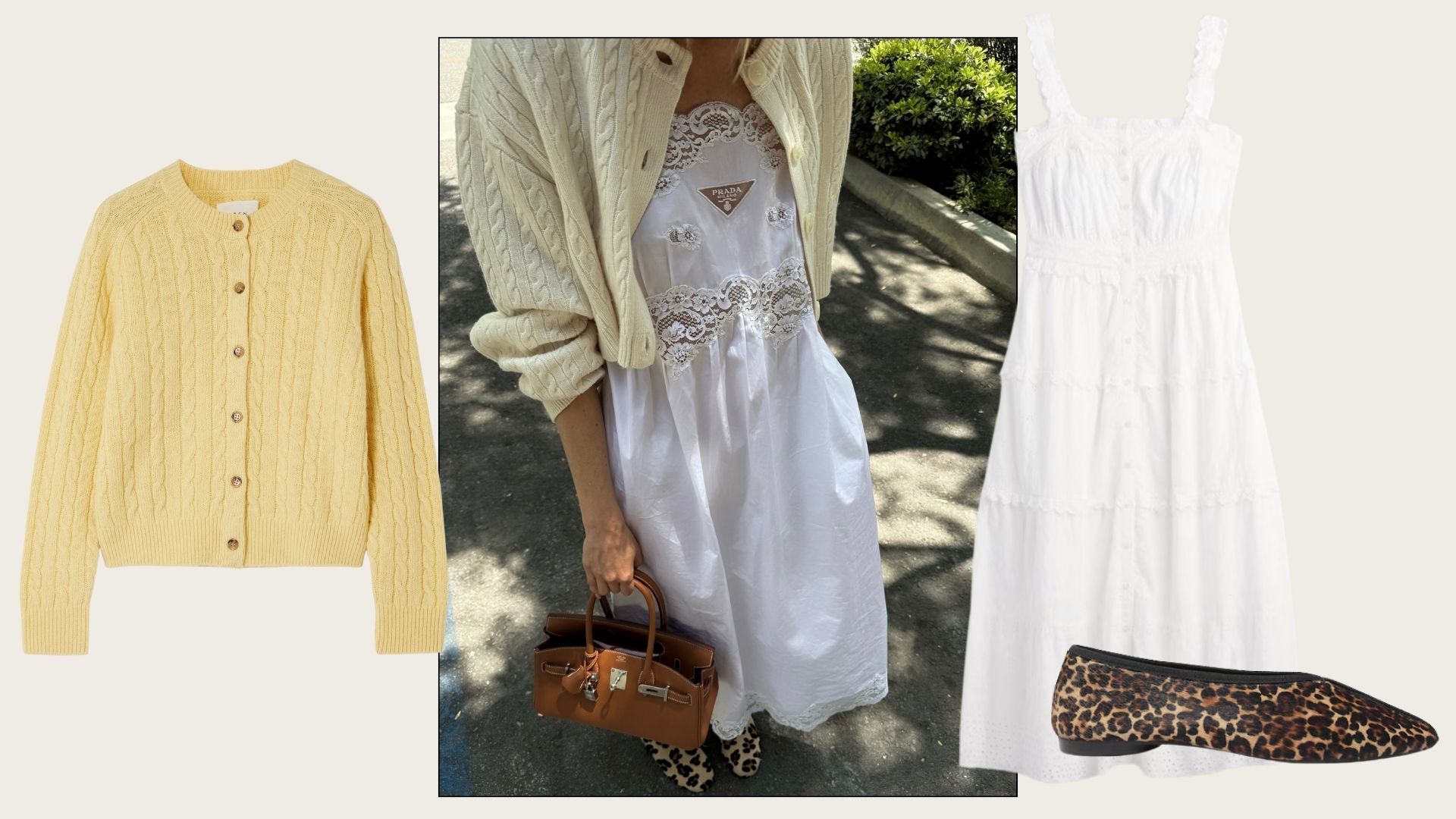 Elsa Hosk elevated her white cotton dress with a butter yellow cardigan, animal print shoes and a warm brown bag.