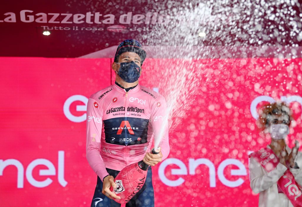 Filippo Ganna (Ineos) celebrates his third day in the maglia rosa