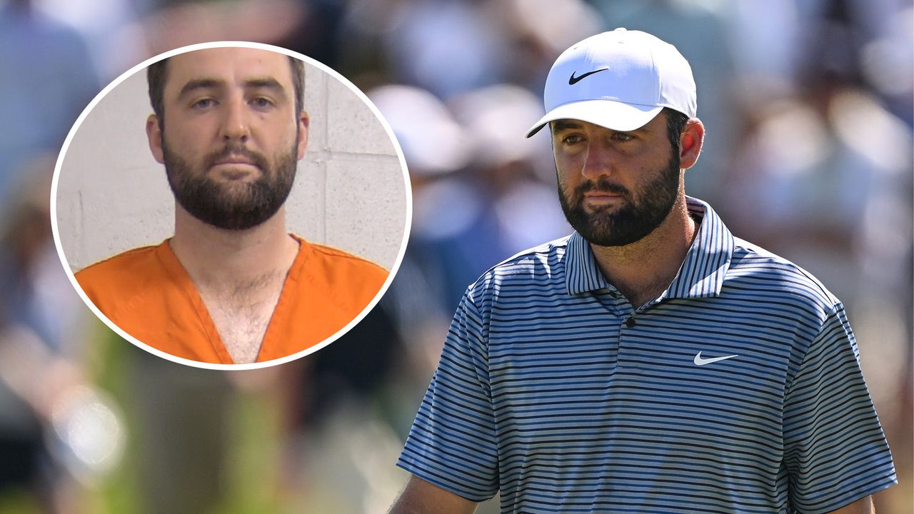 Scottie Scheffler playing golf (right) and in a jumpsuit following his arrest (left)