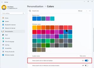 Show accent color on Start and taskbar