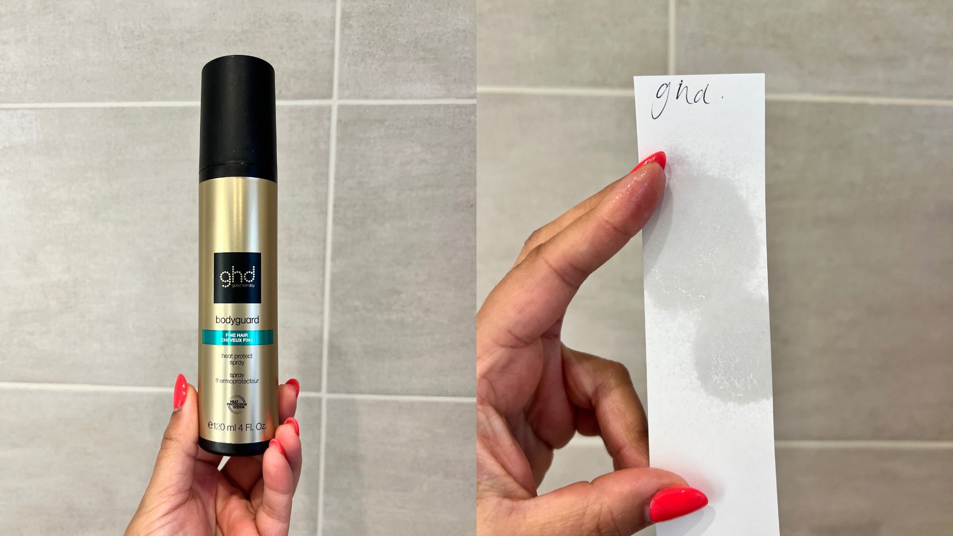 ghd Bodyguard Heat Protect Spray next to a paper strip showing the texture of the formula
