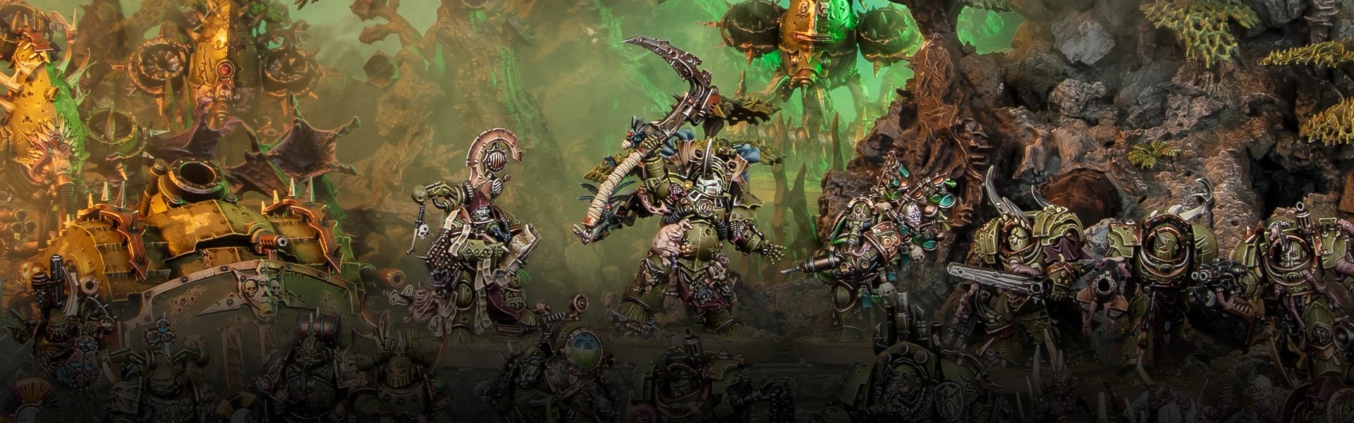 An army of Death Guard march through a jungle environment