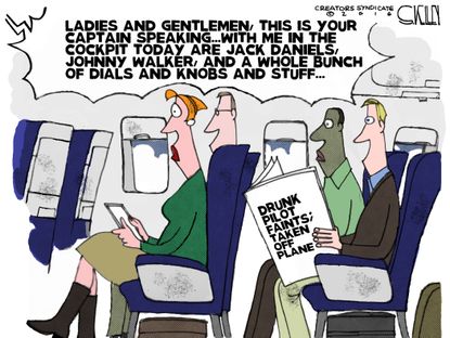 Editorial cartoon U.S. drunk pilot faints cockpit